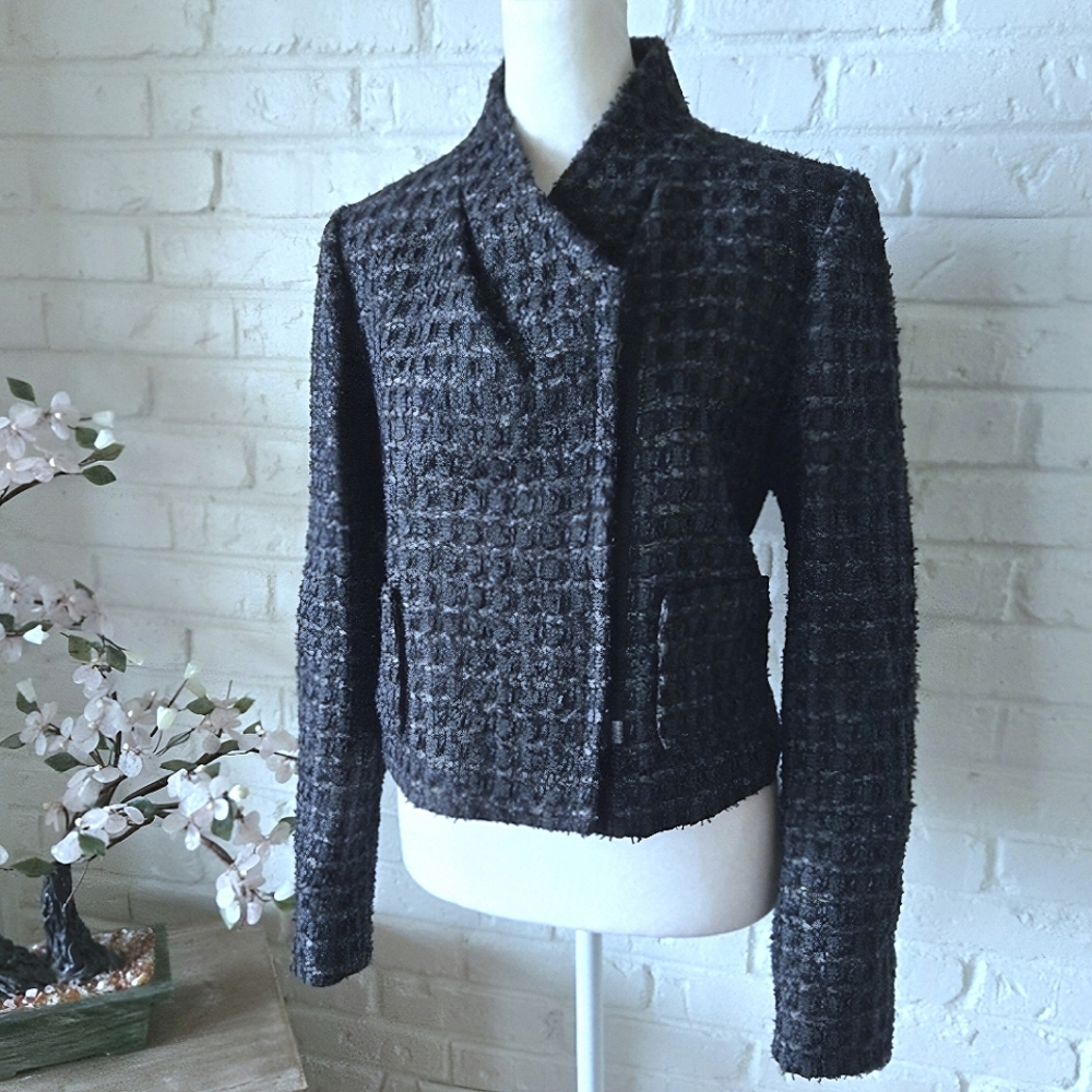 Tweed Gold Thread + Black Lida Baday Cropped Jacket, Ruched, Evening, Work